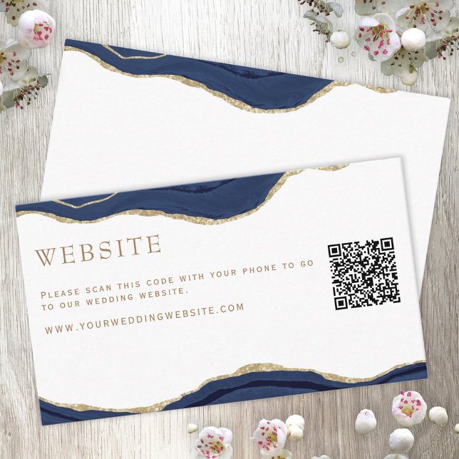 Navy Marble Agate Gold Glitzer Wedding Website QR Begleitkarte (Von Creator hochgeladen)