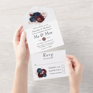 Navy, Marineblau und Roségold Florale Hochzeit All In One Einladung