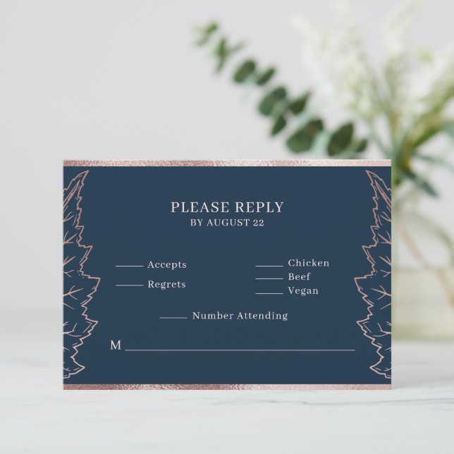 Navy Matt Rose Gold Blätter Hochzeit RSVP Card Dankeskarte (Stehend Vorderseite)