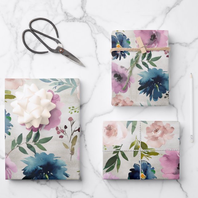 Navy & Mauve Peony Garden Geschenkpapier Set (Vorderseite)