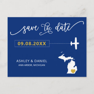 Navy Michigan Wedding Save the Date Map Postcard Postkarte