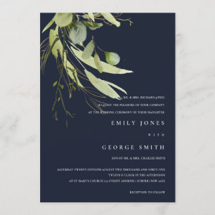 NAVY MINIMAL LEAF GREEN FOLIAGE WATERCOLOR WEDD EINLADUNG