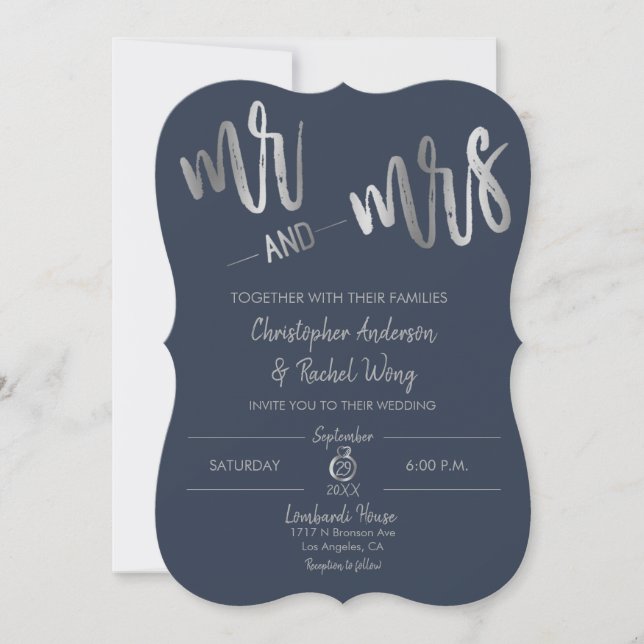 Navy Minimalistisch Silver Foil Script Mr. Wedding Einladung (Vorderseite)