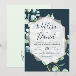 Navy & Mint Greenery mit geometrischem Rahmen Einladung