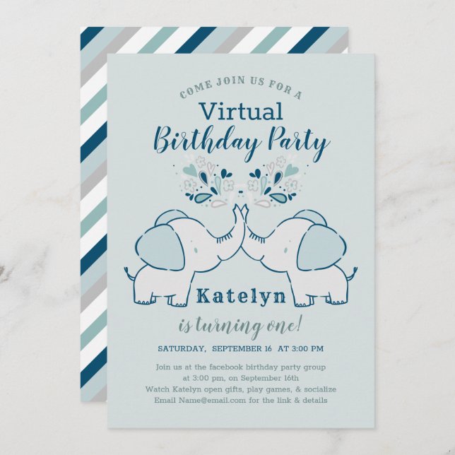 Navy & Mint Niedlich Elephant Virtual Birthday Par Einladung (Vorne/Hinten)