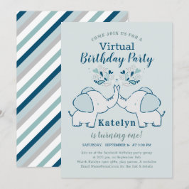 Navy & Mint Niedlich Elephant Virtual Birthday Par Einladung