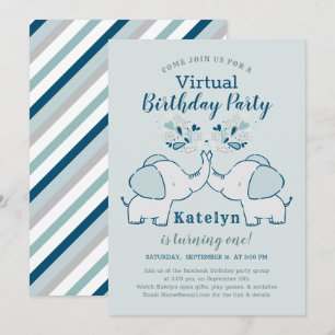 Navy & Mint Niedlich Elephant Virtual Birthday Par Einladung