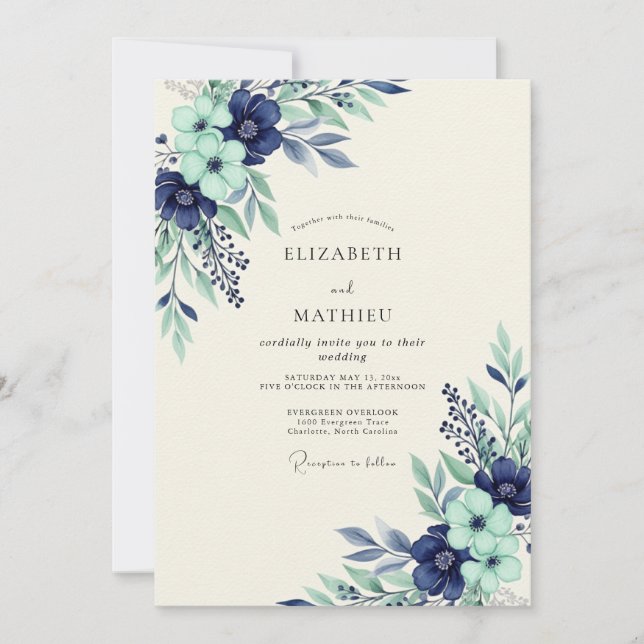 Navy Mint Serene Botanical Wedding Einladung (Vorderseite)