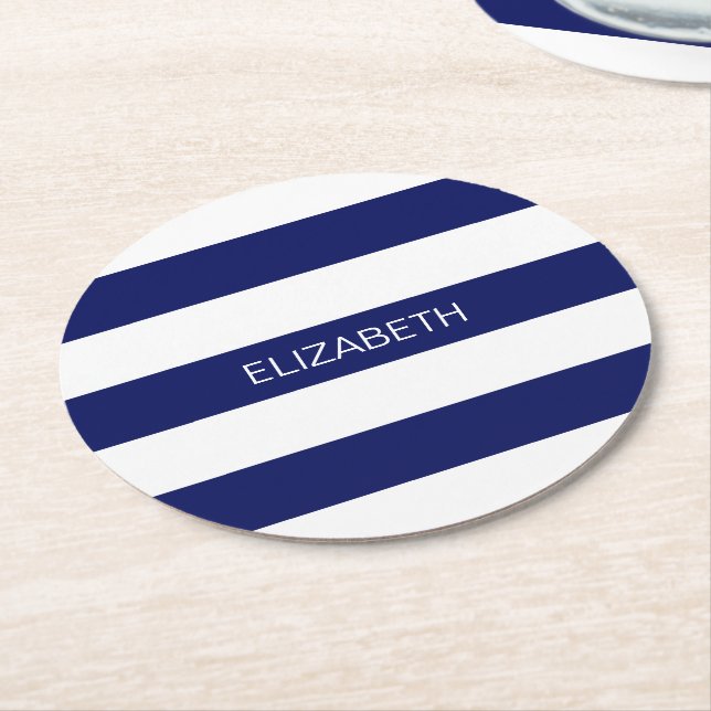 Navy mit horizontalem Preppy Strip #2 Name Monogra Runder Pappuntersetzer (Angewinkelt)