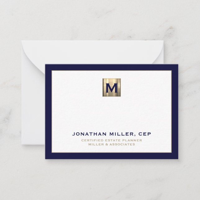 Navy mit Luxury Gold Initial Logos Mitteilungskarte (Vorderseite)