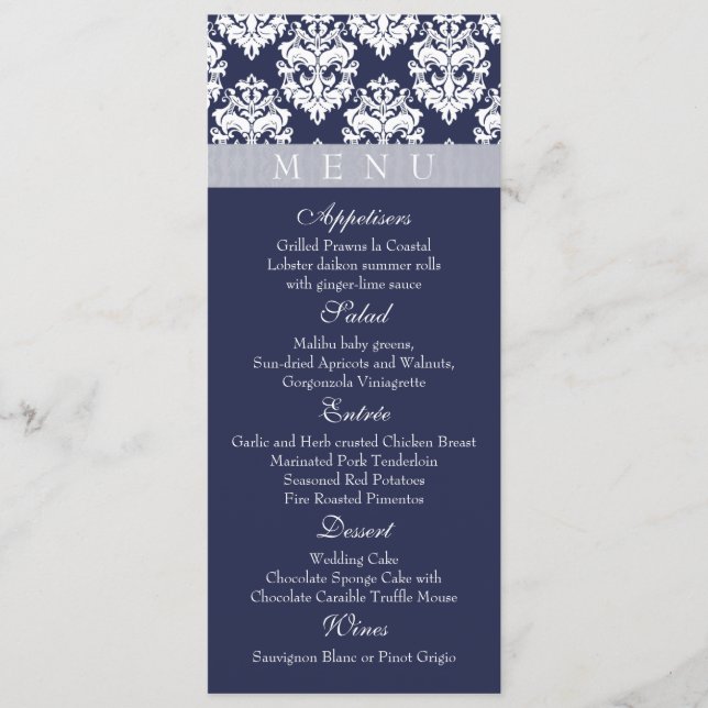Navy/Mitternacht - Damask Menu Cards Menükarte (Vorderseite)