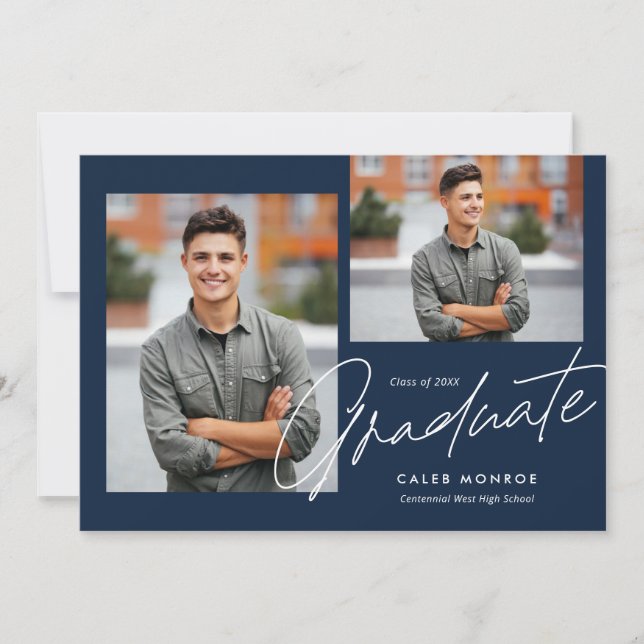 Navy Modern Calligraphy Script 3 Foto Abschluss Ankündigung (Vorderseite)