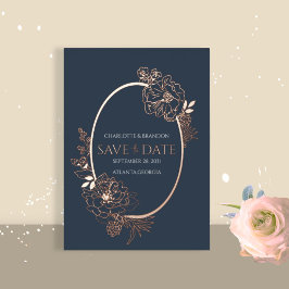 Navy Modern Floral Sketch Oval Save the Date Folieneinladung