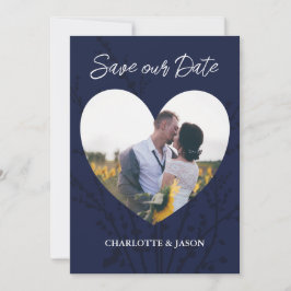 Navy Modern Foto Heart Frame Save the Date Einladung