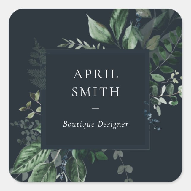 Navy Modern Green Leafy Tropical Foliage Fern Quadratischer Aufkleber (Vorderseite)