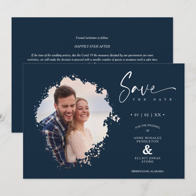 Navy Modern Grunge Ink Effect Photo Engaged Couple Save The Date (Vorne/Hinten)