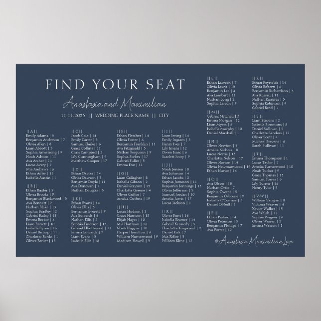 Navy Modern Wedding Alphabetical Seating Chart Poster (Vorne)