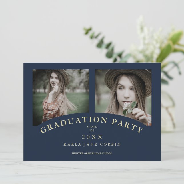 Navy Moderne Elegante Chic Graduation Party 2 Foto Einladung (Stehend Vorderseite)