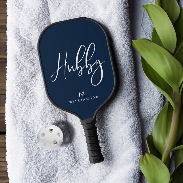 Navy Moderner Minimaler Hubby-Script-Personalisier Pickleball Schläger (Navy Modern Minimal Hubby Script Personalized Name Pickleball Paddle)