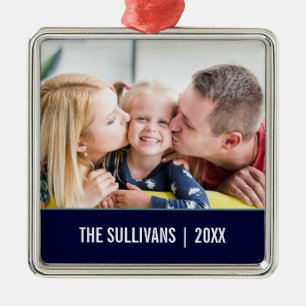 Navy Modernes Personalisiertes Foto und Sondertext Ornament Aus Metall