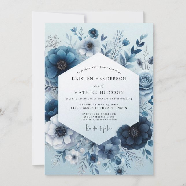 Navy Monochromatic Bloom Wedding Einladung (Vorderseite)