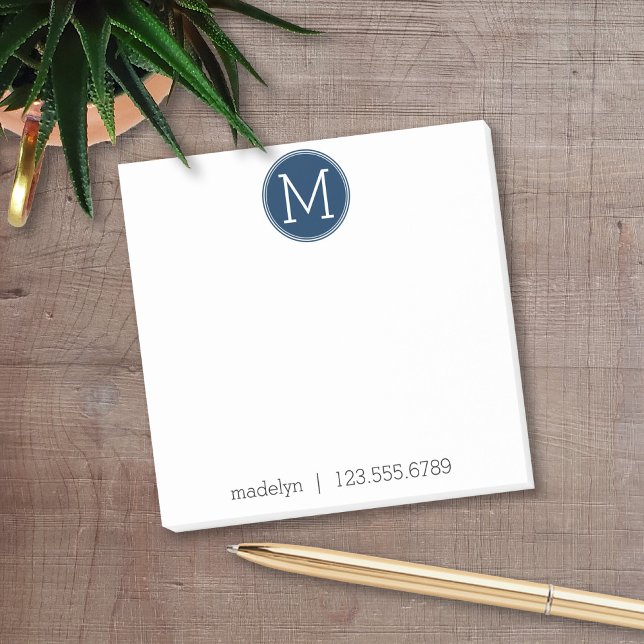 Navy-Monogramm mit Name und Kontaktnummer Post-it Klebezettel (Personalized Post It Notepads)