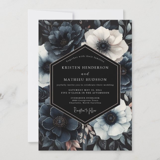 Navy Moody Bloom Wedding Einladung (Vorderseite)