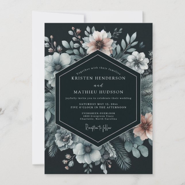 Navy Moody Bloom Wedding Einladung (Vorderseite)