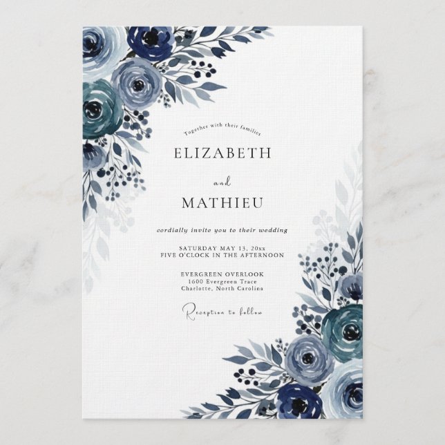 Navy Moody Bloom Wedding Einladung (Vorderseite)