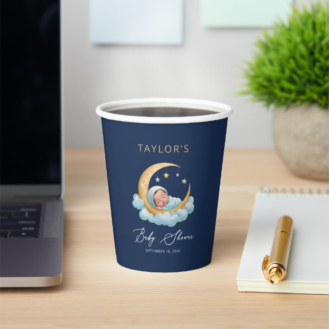 Navy Moon Stars Celestial Baby Shower Paper Cups Pappbecher (InSitu)