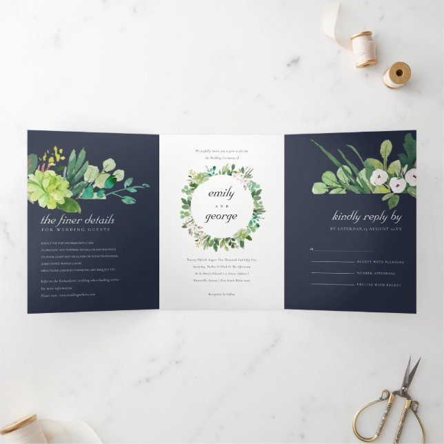 NAVY NACCULENT WREATH FOLIAGE WATERCOLOR WEDD DREIFACH GEFALTETE EINLADUNG (Innenseite)