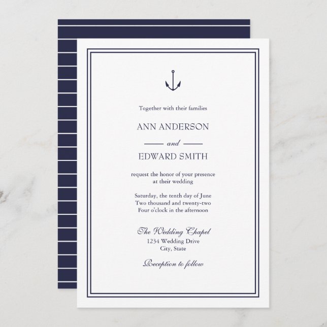 Navy Nautic Anchor Familien Hochzeit Einladung (Vorne/Hinten)