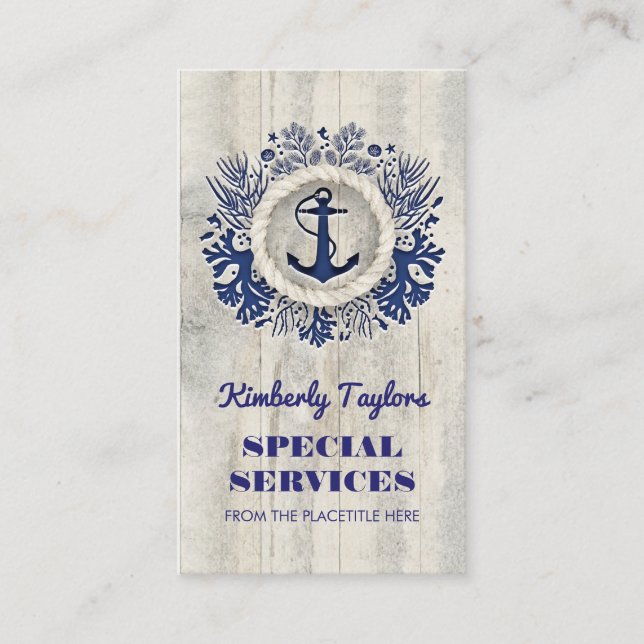 Navy Nautic Anchor Rustic Driftwood Visitenkarte (Vorderseite)