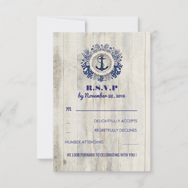 Navy Nautic Rustic Beach Wedding UAWG RSVP Karte (Vorderseite)