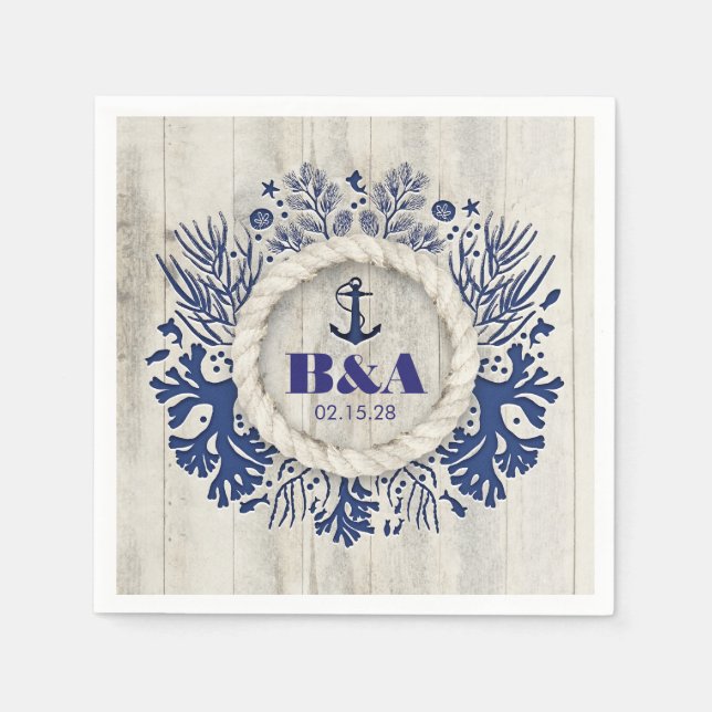 Navy Nautic Rustic Driftwood Beach Hochzeit Serviette (Vorderseite)