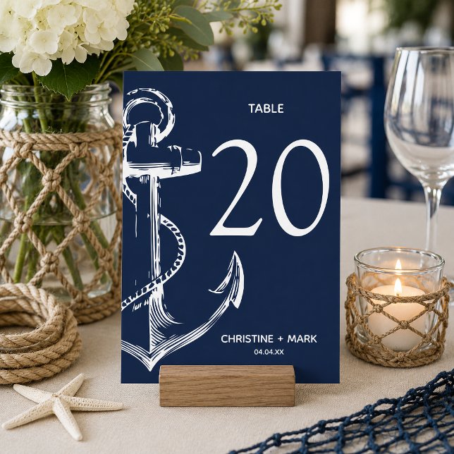 Navy Nautic Sketch Anchor Einladung (Nautical Anchor themed table number card that is customizable and perfect for your table decor.
)