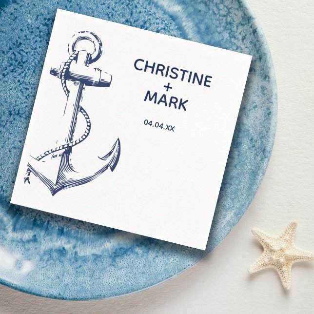 Navy Nautic Sketch Anchor Monogram | Hochzeit Serviette (Von Creator hochgeladen)