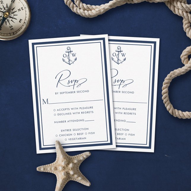 Navy Nautical Anchor Monogram Wedding RSVP Card (Von Creator hochgeladen)