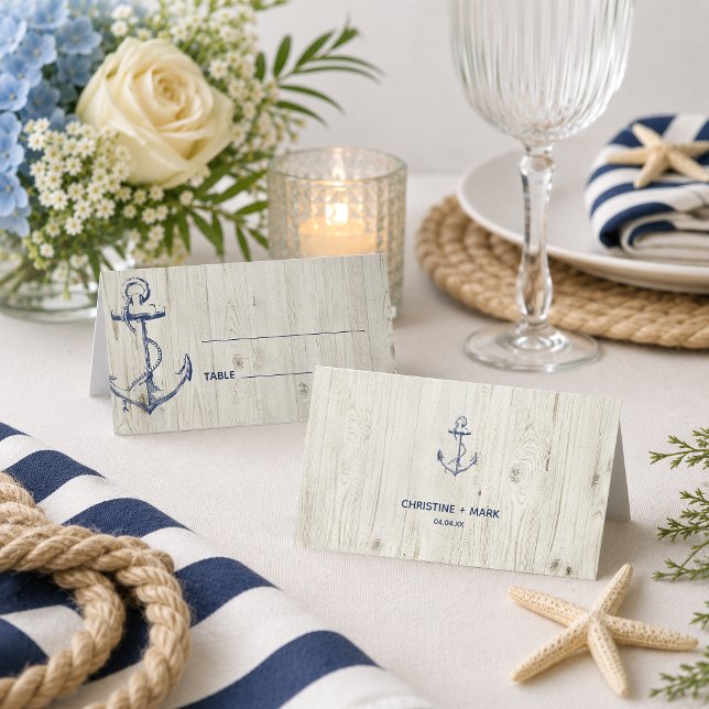 Navy Nautical Anchor Rustic Wood Platzkarte (Dress your reception up with these nautical anchor place cards.
)
