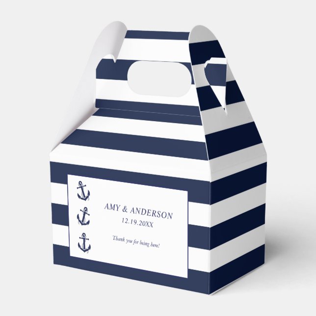 Navy Nautical Anchor Striped Wedding Custom Geschenkschachtel (Vorderseite)