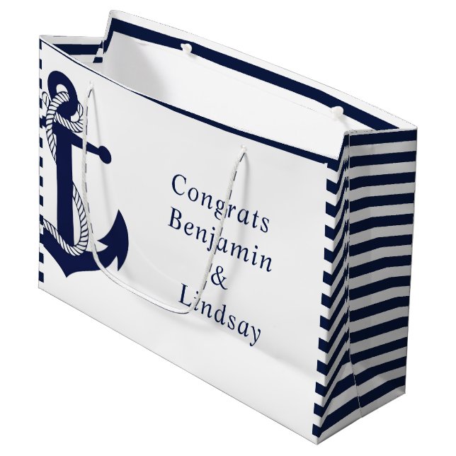 Navy Nautical Anchor Striped Wedding Große Geschenktüte (Vorderseite Schrägansicht)