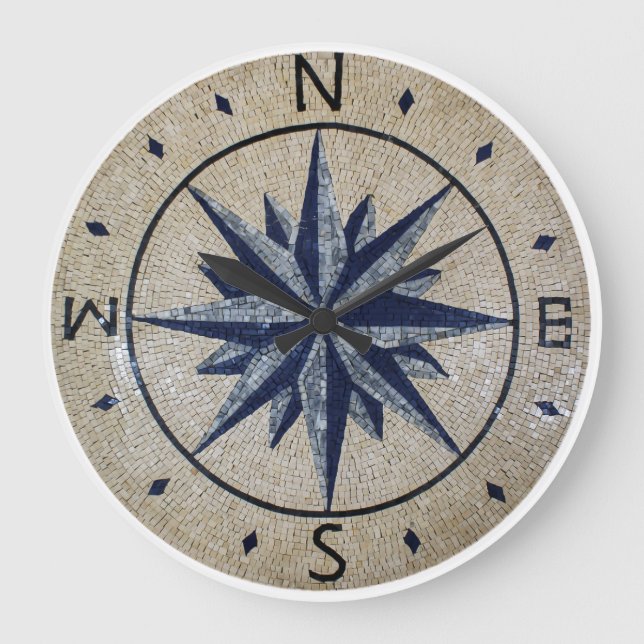 Navy Nautical Compass North south East West Marble Große Wanduhr (Vorderseite)