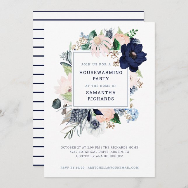 Navy Nautical Floral Strip| Party der Haushaltserw Einladung (Vorne/Hinten)