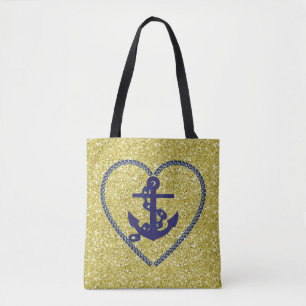 Navy Nautical Heart Anchor Gold Imitate Glitzer
