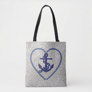 Navy Nautical Heart Anchor Silver Imitats Glitzer