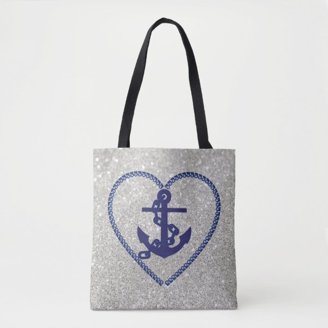 Navy Nautical Heart Anchor Silver Imitats Glitzer (Vorderseite)
