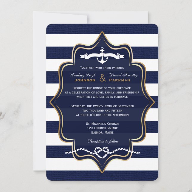 Navy Nautical, IMITATS Burlap Stripes Wedding 2 Einladung (Vorderseite)