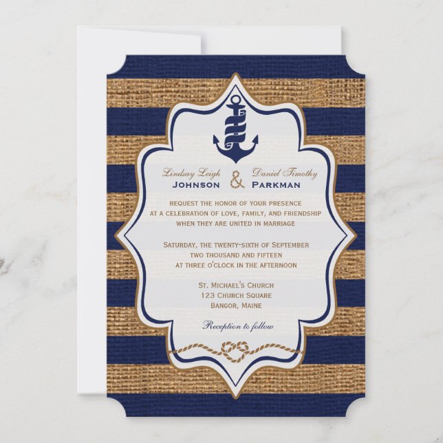 Navy Nautical, IMITATS Burlap Stripes Wedite Einla Einladung (Vorderseite)