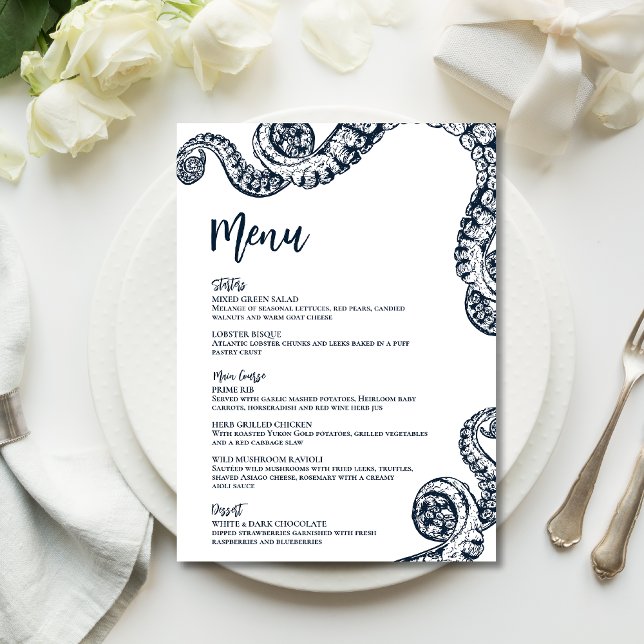 Navy Nautical Octopus Flat Wedding Menu Menükarte (Von Creator hochgeladen)