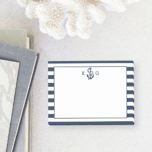 Navy Nautical Preppy Strip & Anchor Monogram Post-it Klebezettel